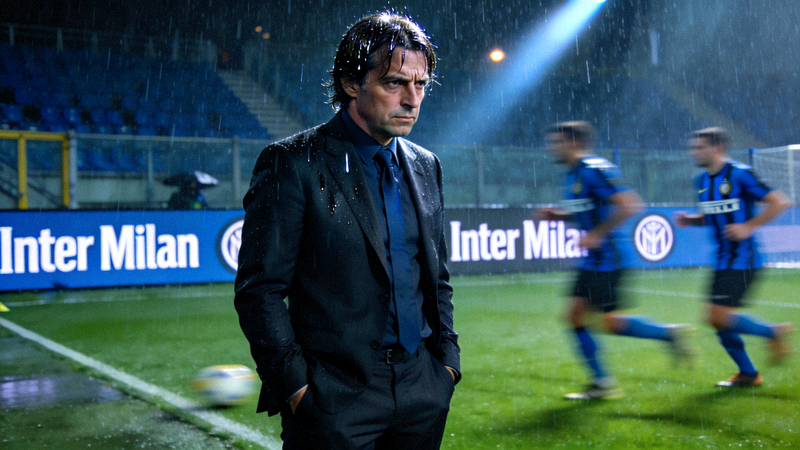 国际米兰主教练在场边指挥比赛的专注神情